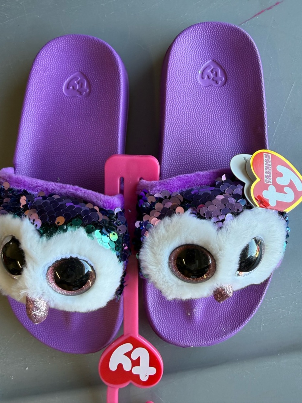 New girls Ty Purple Sequin Owl Slide Sandals with Plush Accents Sz 1-3